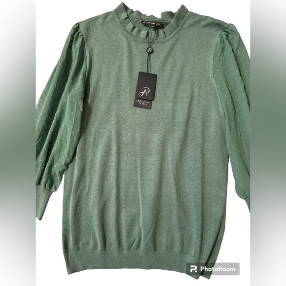 Adrianna Papell Blouse Clip Dot Sleeve Twofer Sweater Top small Green palm leaf - Picture 1 of 7